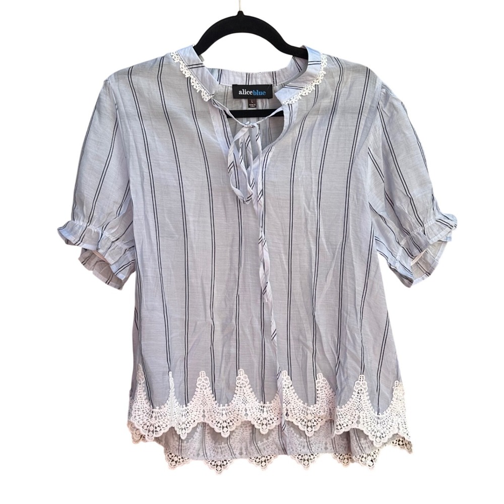 Alice Blue Women Striped Lace Trim Tie Neck Blouse Blue White T44637 Large
